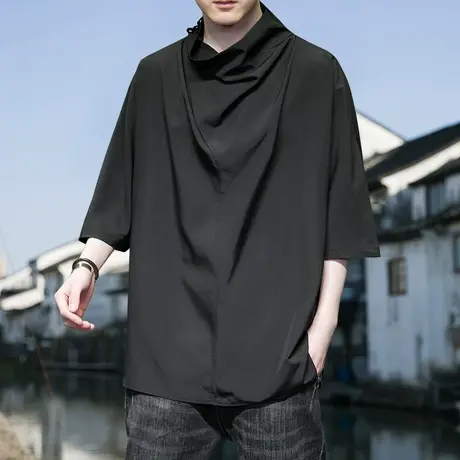 暗黑系山本耀司堆堆领冰丝短袖T恤男夏季小众设计感oversized半袖图片