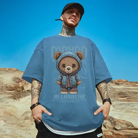 2023新款重磅潮牌胖子男加肥加大码国潮小熊宽松短袖T恤男款半袖图片