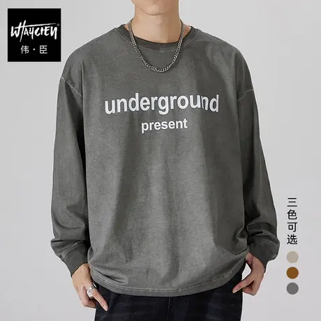 伟臣2023秋冬新品加厚大码圆领体恤胖子加肥加大水洗做旧潮流上衣商品大图