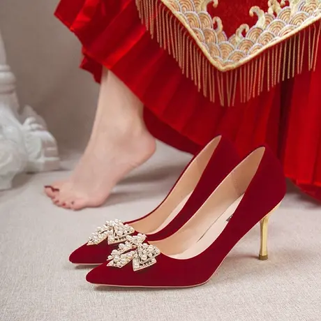 气质红色高跟鞋婚鞋新娘鞋女中式秀禾服结婚鞋小众高级感不累脚图片