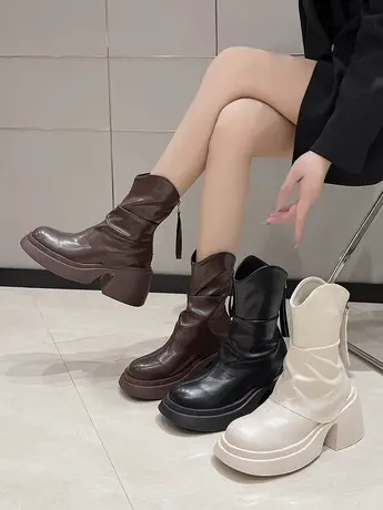 马丁靴女2023年新款时尚百搭复古显瘦靴子女秋冬粗跟炸街瘦瘦靴潮商品大图