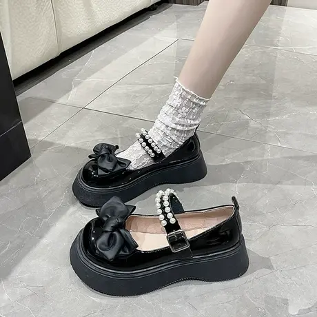 圆头玛丽珍鞋女夏季2023年新款珍珠厚底蝴蝶结单鞋jk配裙子小皮鞋商品大图