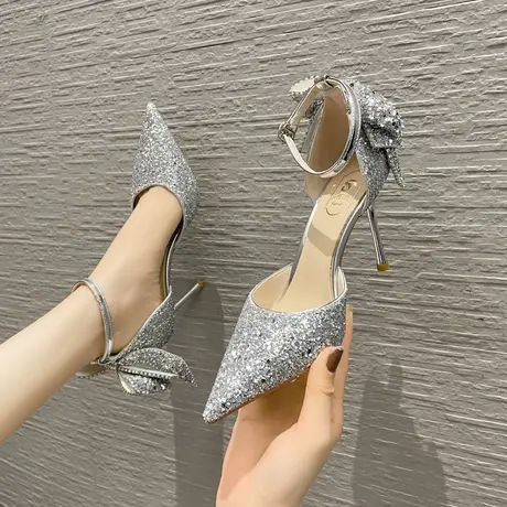 2023年夏季新款高跟鞋一字扣带尖头蝴蝶结水钻温柔仙女风婚鞋银色商品大图