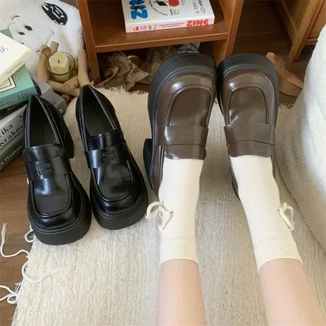 乐福鞋女2024年秋冬季新款复古英伦风高跟鞋配裙子法式粗跟小皮鞋商品大图