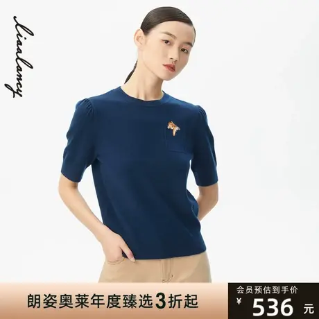朗姿商场同款生肖刺绣圆领中袖常规百搭全羊绒针织衫商品大图