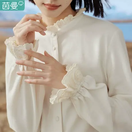 茵曼长袖衬衫法式立领衬衣女款2023年新款小衫秋冬季上衣磨毛加厚图片