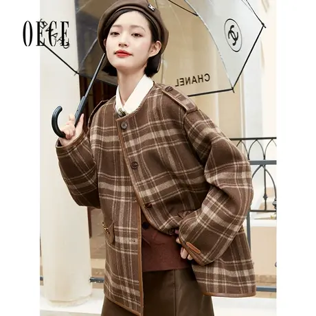【买1送1】Oece复古格纹毛呢外套冬装新款女羊毛呢双面呢大衣商品大图