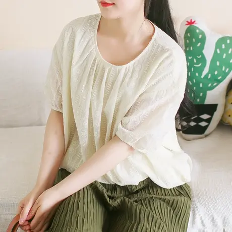 胖妹妹夏季2023新品雪纺满幅绣T恤衬衫 加大码短袖圆领宽松上衣商品大图