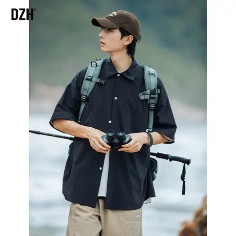 男士藏青色工装衬衫男短袖夏季男款潮牌男装2023新款休闲衬衣寸衣商品大图