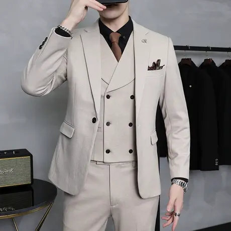 意式高档礼服套装米白色西服男时尚加厚外套商务英伦风双排扣马甲商品大图