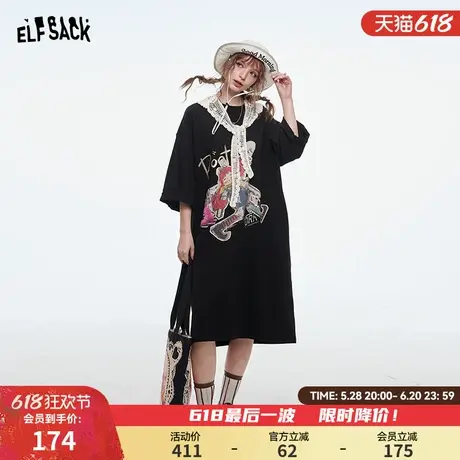 妖精的口袋黑色印花t恤连衣裙女2025春季新款宽松减龄小个子裙子图片