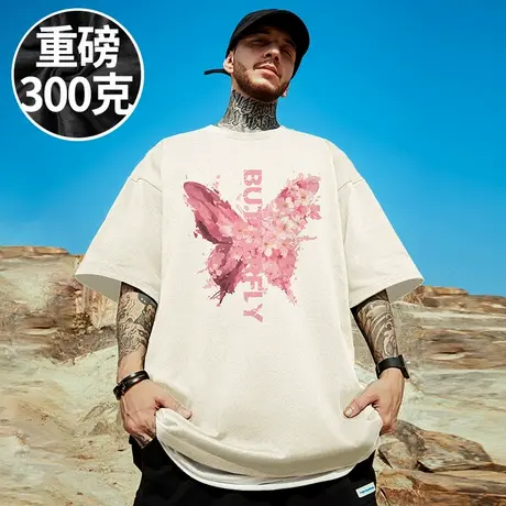 100%纯棉重磅300g美式加肥加大码男装情侣半截袖胖子短袖T恤夏季商品大图