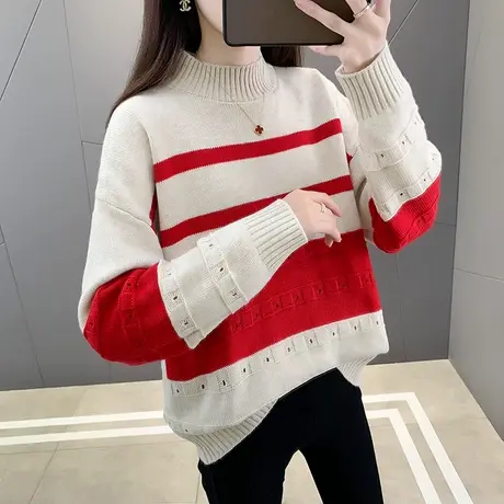 半高领女式毛衣韩版宽松百搭女内搭2023年秋冬新款条纹毛衣女秋冬图片