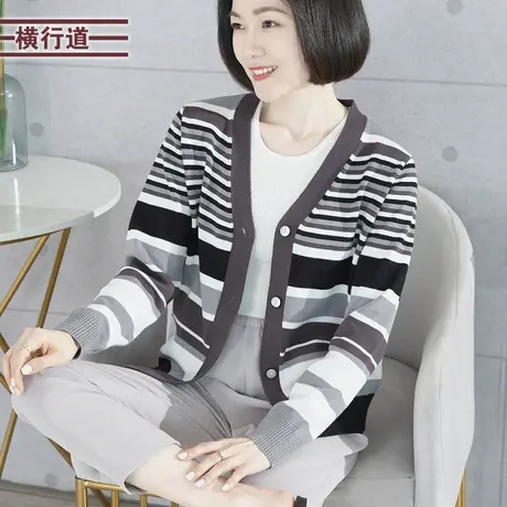 2023新款冬装V领条纹撞色宽松长袖针织外套韩版妈妈大码女装上衣商品大图