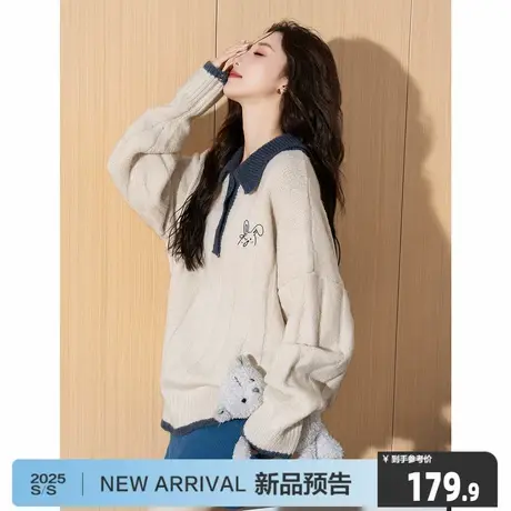 唐狮25秋冬季新款毛衣女POLO领撞色拼接前胸小图案毛线衫图片