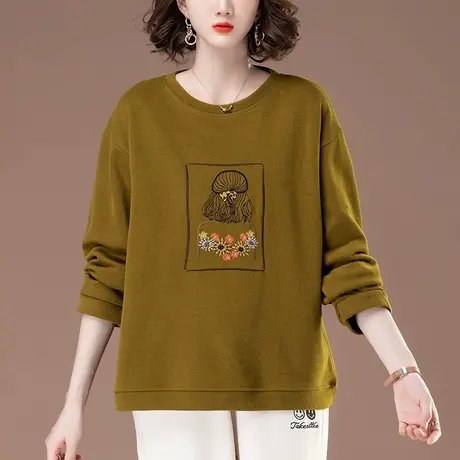 圆领卫衣女春秋新款宽松加肥加大码女装刺绣减龄百搭显瘦薄款上衣商品大图