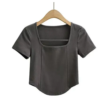 2023年夏季新款ins潮方领短款上衣设计感小众高级感正肩短袖t恤女商品大图