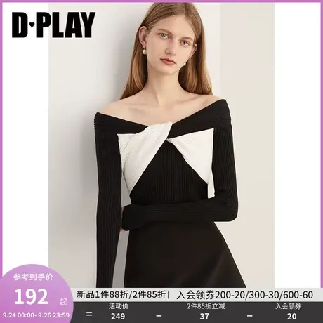 DPLAY2023冬氛围感法式赫本风黑拼白一字肩撞色蝴蝶结修身针织衫商品大图