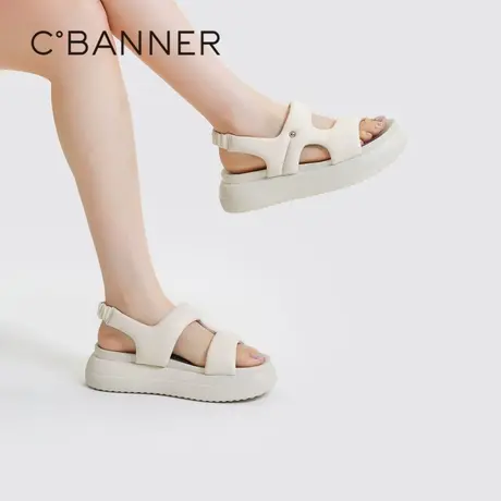 千百度女鞋夏季新款休闲凉鞋踩屎感度假沙滩面包鞋厚底羊皮图片