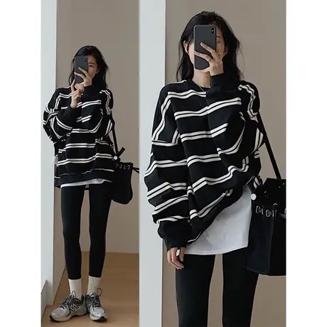 大码宽松条纹慵懒风卫衣女秋季百搭韩版chic复古港味薄款长袖上衣商品大图