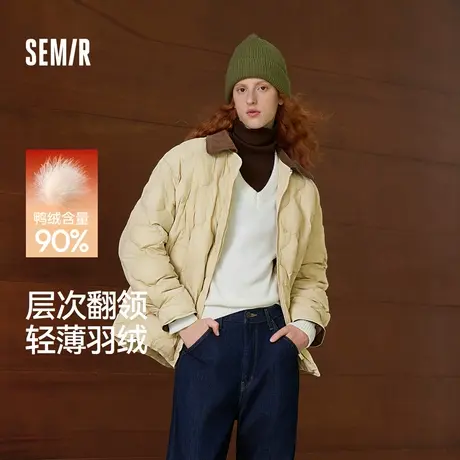 森马羽绒服女中长款轻薄肌理宽松2025新款撞色灯芯绒翻领冬装复古图片