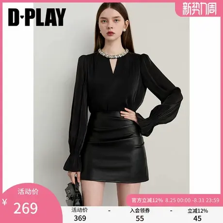 DPLAY【轻奢闪钻系列】2025年秋季新款黑色衬衫女宽松鎏光纱上衣商品大图