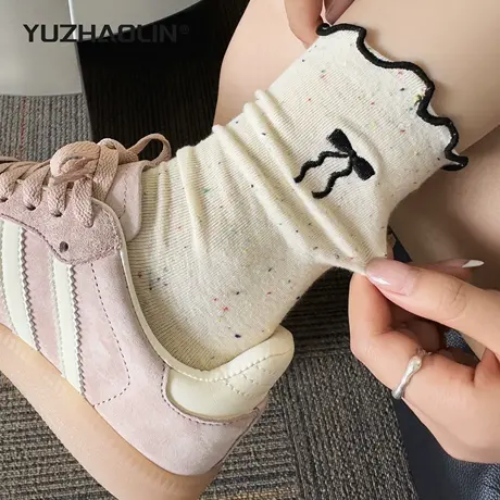 木耳边花边堆堆袜子女士2025新款爆款春秋冬季中筒袜点子纱长筒袜商品大图