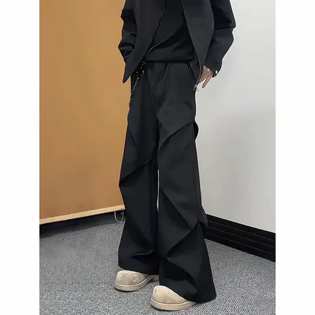 美式黑色褶皱微喇西裤男夏季宽松阔腿裤子垂坠感高级感直筒休闲裤图片