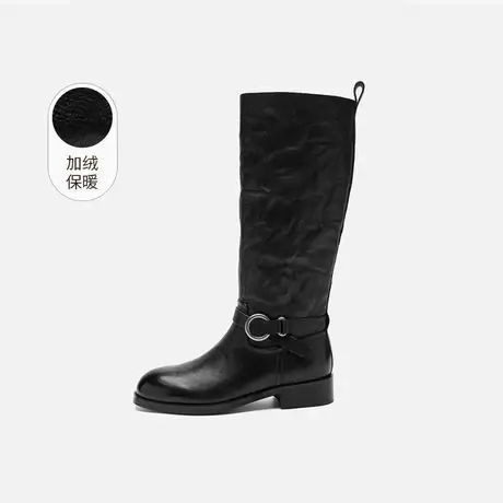 奥莱专供Nine West/玖熙加绒骑士靴女黑色圆扣长筒靴显瘦宽筒女靴图片