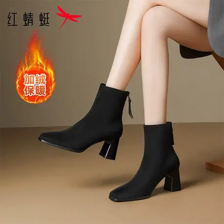 红蜻蜓高跟短靴女靴子秋冬新款妈妈鞋粗跟皮鞋靴子气质弹力瘦瘦靴图片