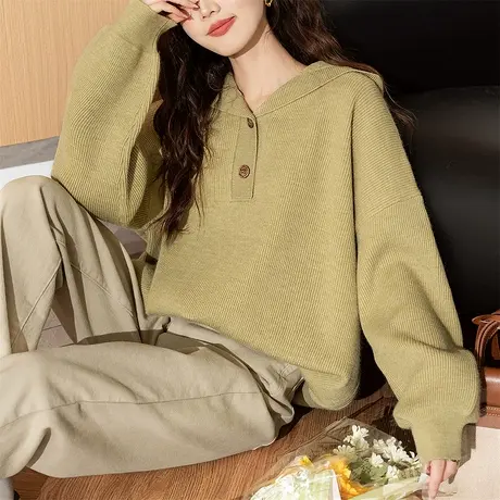 唐狮秋冬季女毛衣简约半开襟连帽套头宽松日常红色费尔岛外套TD图片