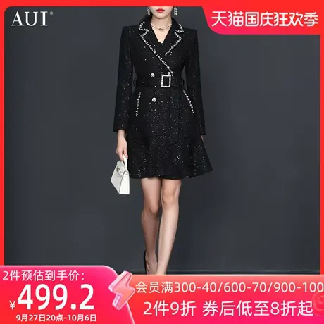 AUI黑色小香风外套女2023冬季新款高级感职业气质收腰西装领大衣商品大图