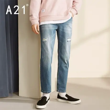 A21outlets秋冬季小直筒裤纯棉 男牛仔裤破洞九分裤图片