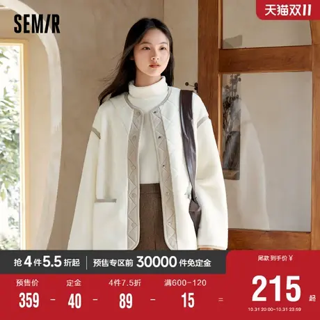 [预售][商场同款]森马外套女中长款菱格复古2023冬新款仿羊羔毛拼商品大图