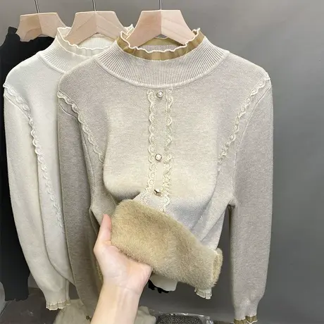 加绒半高领毛衣女一体绒打底衫2023秋冬新款蕾丝针织衫内搭厚上衣商品大图