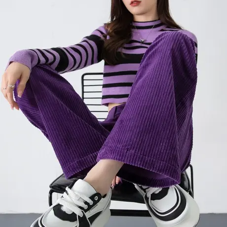 紫色灯芯绒裤子女新款2023爆款秋冬季条绒休闲裤阔腿裤女士加绒厚商品大图