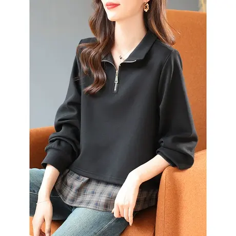 宝诗黎拉链半开领格子拼接假两件卫衣棉质宽松设计感早秋百搭上衣商品大图