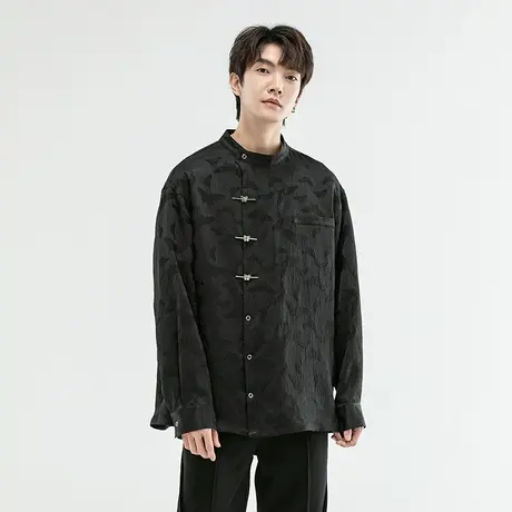 新中式国潮提花盘扣长袖衬衫男女春秋季小众设计感街头中国风衬衣商品大图