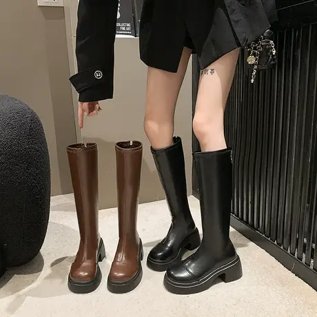 英伦风长筒靴女2023春秋季新款高级气质洋气瘦瘦靴粗跟厚底骑士靴图片