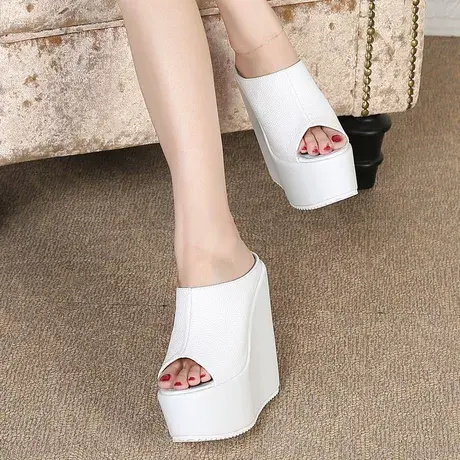 小个子坡跟拖鞋女恨天高15CM松糕厚底鱼嘴鞋防水台高跟真皮凉拖鞋商品大图