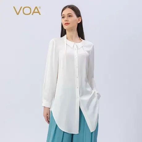 VOA40姆米重磅真丝白色双面乔立领长袖亲肤百搭圆弧摆桑蚕丝衬衫图片