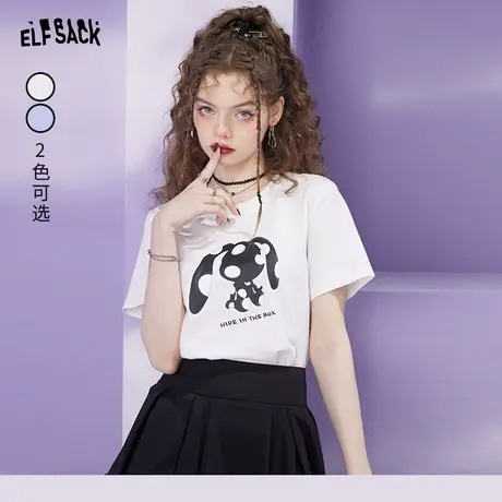 妖精的口袋白色印花T恤女2023夏新款宽松正肩设计感小众短款上衣商品大图