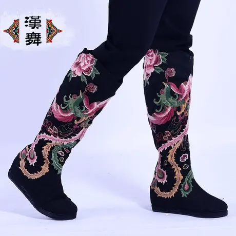 汉舞中国风高筒靴满绣绣花鞋秋冬圆头内增高布鞋女士长靴子凤凰颜商品大图