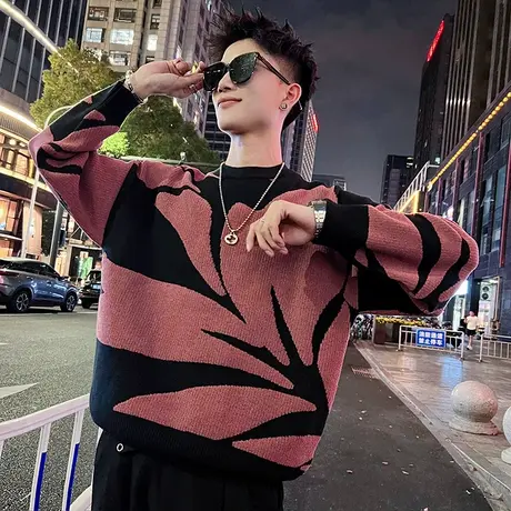 撞色提花毛衣男2023秋冬新款ins个性宽松加厚潮牌打底线衣针织衫商品大图