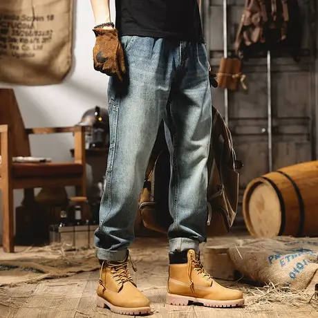 美式重磅水洗工装牛仔裤男宽松直筒复古做旧裤子男潮牌休闲长裤子商品大图