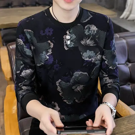 春秋装薄款卫衣男圆领上衣大码外套秋季宽松长袖T恤个性男装秋衣商品大图