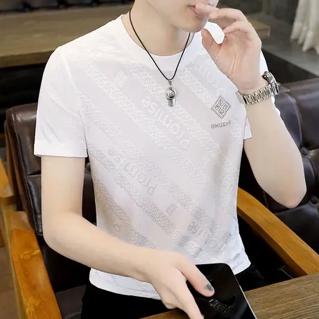 短袖夏季男士t恤潮牌冰丝体恤ins高端烫钻仿桑蚕丝半袖薄款男上衣商品大图