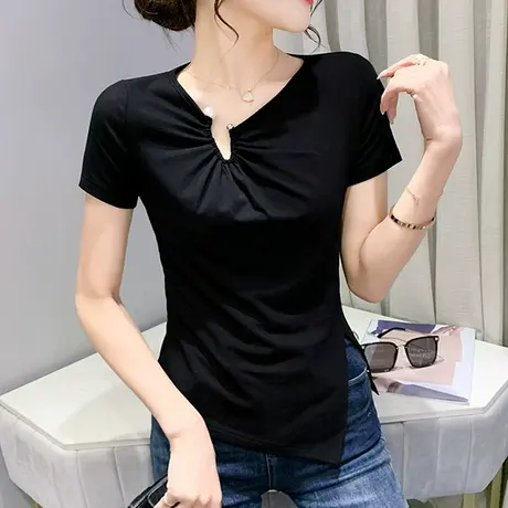 欧货个性不规则T恤女短袖性感开叉上衣设计感女小众网红修身半袖商品大图