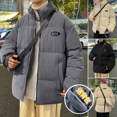 美式贴标灯芯绒棉服男秋冬季加厚棉袄子复古宽松潮流休闲立领外套商品大图