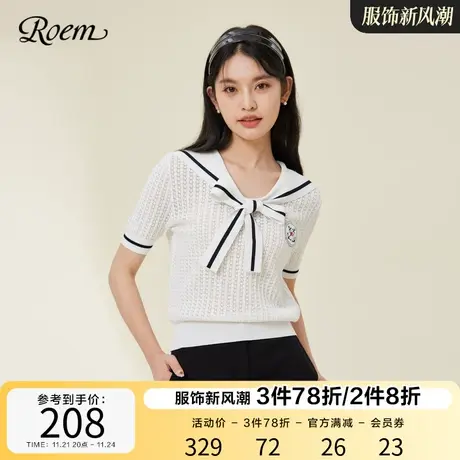 ROEM商场同款英伦学院风海军领毛针织衫2023春夏新款蝴蝶结上衣商品大图